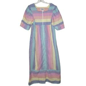 Vintage 80s Saybury ~ Seersucker Striped, Zipper Front Robe, House Dress Moo Moo